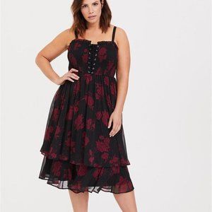 Torrid Womens Floral Black& Red Corset Midi Dress